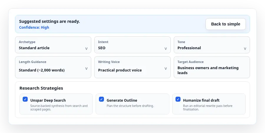 Unspar advanced article settings