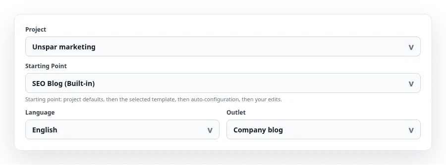 Unspar project, starting point, language, and outlet fields