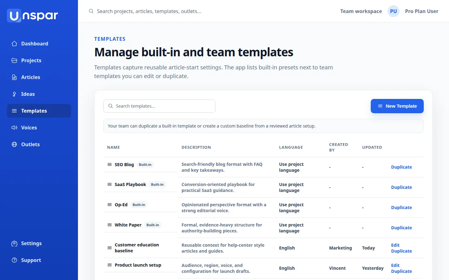 Unspar templates screen