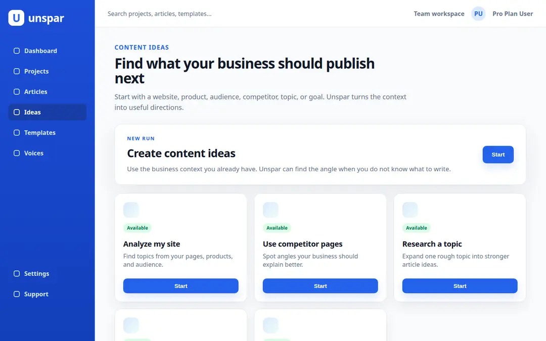 Starting an idea run in Unspar from your site, competitor pages or a topic