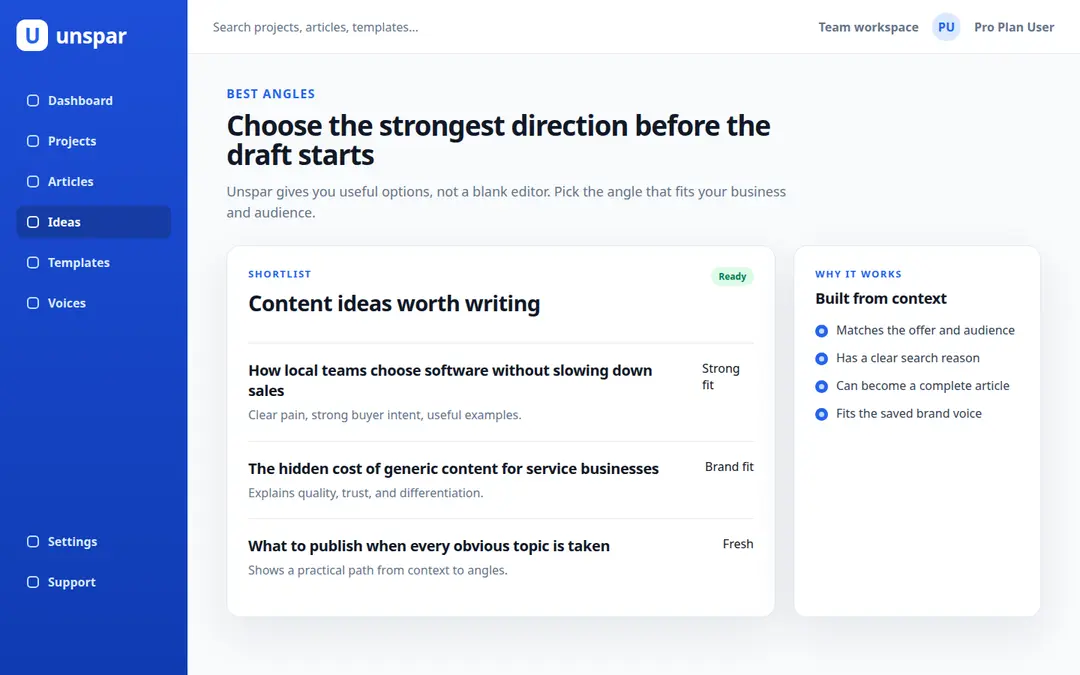 An idea shortlist in Unspar with the strongest angles for the next drafts